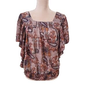 Vtg y2k Wet Seal Size L Paisley Plaid Boho Flutter Sleeve Square Neck Blouse Top